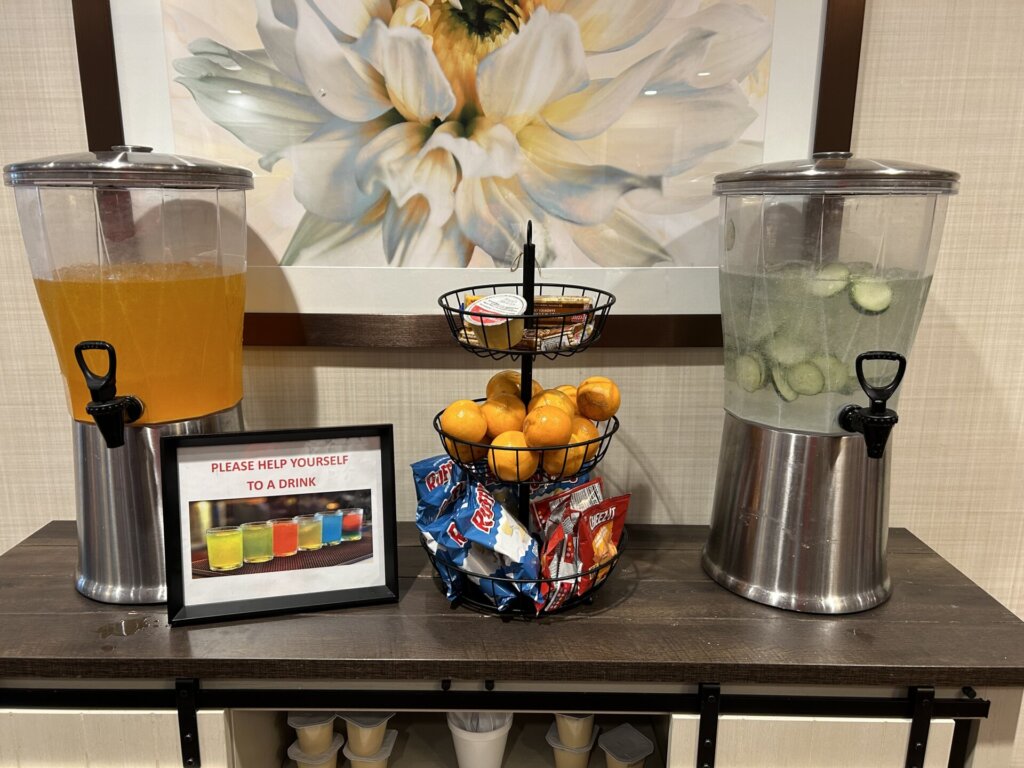 Snacks and refreshments - or the Hydration Station - set up and ready for residents and guests alike. At Traditions at Bridgepointe Gardens in Jeffersonville, IN.