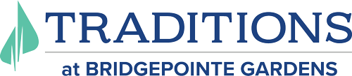 Horizontal Traditions at Bridgepointe Gardens logo in blue with a green leaf on the left side
